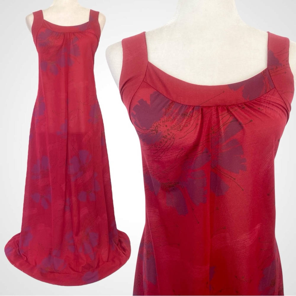 Vintage SEARS Hawaiian Red Floral Print Aloha 70s Maxi Gown Long Slip Dress - Picture 2 of 13